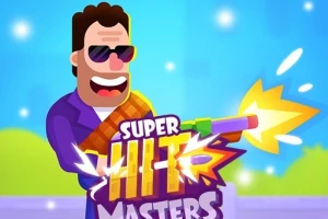 선글라스를 쓴 남자가 총을 발사하는 모습과 SUPER HIT MASTERS라는 텍스트가 있는 만화 스타일의 이미지