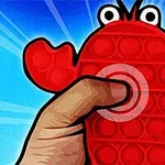 빨간색 게 모양의 팝잇 장난감을 손으로 누르고 있는 모습