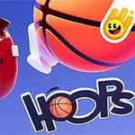 농구공과 만화 스타일의 인물 얼굴, Hoops 글자가 있는 이미지