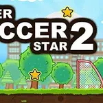 초원 위에 나무와 별, 축구공, 축구 골대가 있는 만화 스타일의 장면