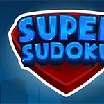 파란색 글자로 SUPER SUDOKU라는 문구가 빨간색 방패 모양 배경 위에 있는 이미지