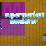 픽셀 아트 스타일의 사람이 보라색 배경 위에 서 있으며, 오른쪽에 supermarket simulator라는 텍스트가 있다