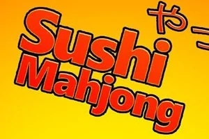 노란색 배경 위에 빨간색과 검은색 테두리로 된 Sushi Mahjong이라는 글씨가 있는 이미지