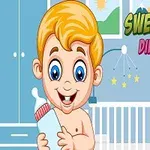 금발의 아기가 장난감을 들고 있는 파란 아기 방의 그림