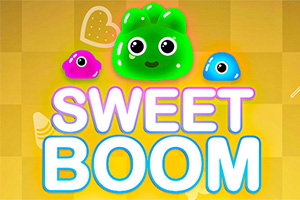 녹색, 분홍색, 파란색 젤리 캐릭터들이 중앙에 있고, 아래에는 SWEET BOOM이라는 텍스트가 있는 이미지