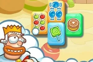 왕관을 쓴 남자가 사탕, 도넛, 막대 사탕 등 다양한 먹거리 그림이 있는 타일을 바라보고 있는 모습