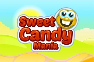 밝은 하늘과 초원 배경에 웃는 이모티콘과 Sweet Candy Mania라는 텍스트가 있는 이미지