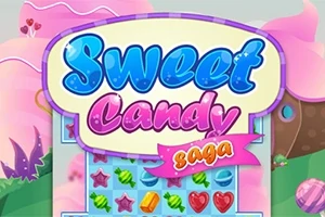 알록달록한 사탕과 별 모양 아이콘들이 배열된 게임 보드와 Sweet Candy라는 텍스트가 있는 이미지