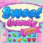 알록달록한 사탕과 별 모양 아이콘들이 배열된 게임 보드와 Sweet Candy라는 텍스트가 있는 이미지