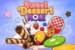 파스텔 하늘 배경에 Sweet Dessert HOLE 글자와 함께 딸기, 키위 슬라이스, 오렌지 조각, 웨이퍼 롤, 초콜릿 조각, 프레첼, 사탕 등이 흩어진 화려한 디저트 일러스트