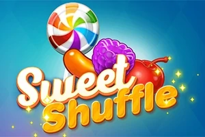 막대 사탕과 과일 모양의 아이콘들이 있는 Sweet Shuffle라는 글자가 있는 이미지