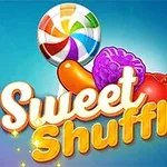 막대 사탕과 과일 모양의 아이콘들이 있는 Sweet Shuffle라는 글자가 있는 이미지