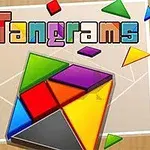 다양한 색상의 기하학적 퍼즐 조각과 Tangrams라는 글자가 있는 이미지