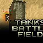 탱크와 건물 잔해, 오른쪽에 나무가 있는 사막 배경 위에 TANKS BATTLE FIELD라는 텍스트