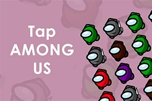 핑크 배경에 여러 색상의 캐릭터 일러스트와 Tap AMONG US라는 텍스트가 나열되어 있습니다