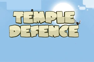 밝은 하늘 배경에 TEMPLE DEFENCE라는 큰 글자와 양쪽에 검을 든 작은 캐릭터들이 있는 장면