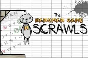 종이에 교수형에 처해진 캐릭터와 SCRAWLS라는 단어가 있는 장면