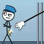파란 모자를 쓴 막대 인간 캐릭터가 손에 열쇠를 들고 있으며, 길게 뻗은 팔이 열쇠를 가져가려는 모습