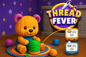 보라색 별무늬 배경 앞에서 실타래와 뜨개질 도구를 든 뜨개 곰 인형, ‘THREAD FEVER’ 로고와 재봉틀 아이콘