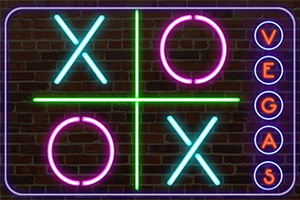 벽돌 배경 위에 네온 불빛으로 그려진 X와 O 표시