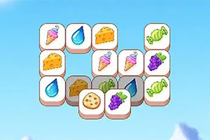 하늘색 배경 위에 물방울, 치즈 조각, 포도 송이, 사탕, 초록 채소 아이콘이 그려진 타일들이 떠 있는 화면