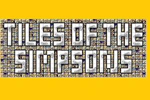 노란색 배경에 TILES OF THE SIMPSONS라는 큰 글자가 많은 작은 이미지 타일로 구성되어 있다