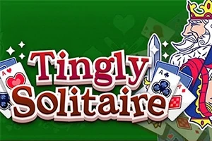녹색 배경 위에 Tingly Solitaire라는 글자가 있고, 카드와 왕 이미지가 배치된 그림