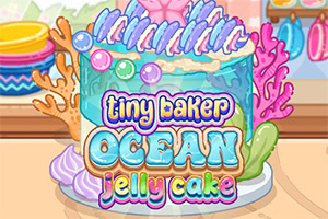 바다 테마의 알록달록한 젤리 케이크와 ‘tiny baker OCEAN jelly cake’ 문구가 있는 귀여운 일러스트