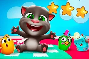 회색 고양이와 여러 마리의 알록달록한 새들이 배경에서 함께 웃고 있는 장면