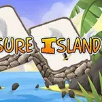 야자수와 바위로 둘러싸인 해변 풍경에 Treasure Island라는 글자가 있는 이미지