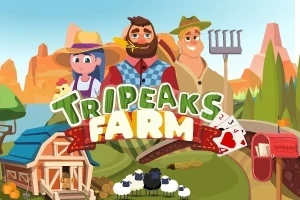 농장 배경 앞에 세 명의 농부와 양, 헛간, 그리고 TRIPEAKS FARM 글자가 있는 그림