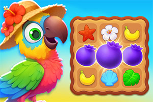 밀짚모자와 꽃 장식을 한 알록달록한 앵무새 옆에 과일과 조개 그림이 그려진 퍼즐 보드