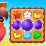 밀짚모자와 꽃 장식을 한 알록달록한 앵무새 옆에 과일과 조개 그림이 그려진 퍼즐 보드