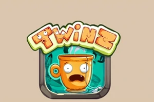 만화 스타일의 오렌지색 컵이 당황한 표정을 짓고 있으며 위에는 Twinz라 적힌 알파벳이 그림처럼 표현된 이미지