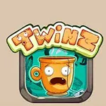 만화 스타일의 오렌지색 컵이 당황한 표정을 짓고 있으며 위에는 Twinz라 적힌 알파벳이 그림처럼 표현된 이미지