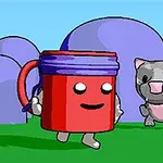 빨간색 머그컵 모양의 캐릭터가 두 마리의 회색 고양이와 함께 초원 위를 걷고 있다