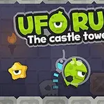 벽돌 배경에 초록색 UFO와 별들이 있는 장면
