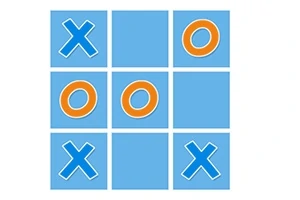파란색 배경의 3x3 격자에 파란색 X와 주황색 O 모양이 배치되어 있습니다