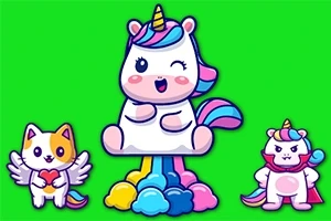 알록달록한 구름 위에 앉아 있는 유니콘과 날개 달린 고양이, 그리고 작은 유니콘 캐릭터가 초록색 배경에 있는 그림