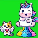 알록달록한 구름 위에 앉아 있는 유니콘과 날개 달린 고양이, 그리고 작은 유니콘 캐릭터가 초록색 배경에 있는 그림