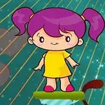 보라색 머리 양갈래 소녀가 노란 옷을 입고 초록색 발판 위에 서 있는 모습