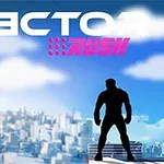 파란 하늘과 구름을 배경으로 도시 위에 서 있는 사람의 실루엣과 VECTOR RUSH라는 텍스트