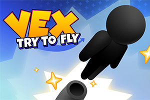 파란 하늘 배경에서 검은 캐릭터가 대포에서 날아오르는 장면과 노란 별, ‘VEX TRY TO FLY’ 로고
