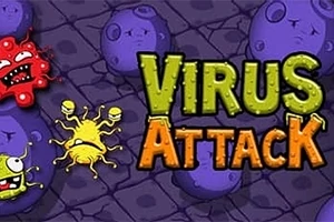 알록달록한 바이러스 캐릭터들이 보라색 배경 위에 있으며, VIRUS ATTACK라는 글자가 중앙에 강조되어 있다