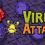 알록달록한 바이러스 캐릭터들이 보라색 배경 위에 있으며, VIRUS ATTACK라는 글자가 중앙에 강조되어 있다