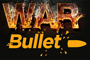 불타는 WAR 텍스트 위에 Bullet 텍스트와 총알 모양 아이콘이 있는 이미지