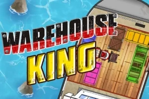 배 위에 화물들이 실린 창고와 바다 배경, WAREHOUSE KING이라는 텍스트가 포함되어 있습니다