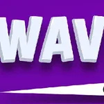 보라색 배경에 WAVE라는 흰색 입체 글자와 검은색 공이 있는 이미지