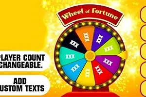 색색의 조각들로 나뉜 회전판과 Wheel of Fortune이라는 글자가 있는 이미지는 화려한 배경에 기능 설명이 포함되어 있습니다