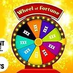 색색의 조각들로 나뉜 회전판과 Wheel of Fortune이라는 글자가 있는 이미지는 화려한 배경에 기능 설명이 포함되어 있습니다